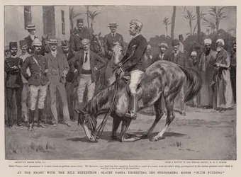 Aan het front met de Nijl-expeditie, Slatin Pasha toont zijn presterende paard Plum Pudding
